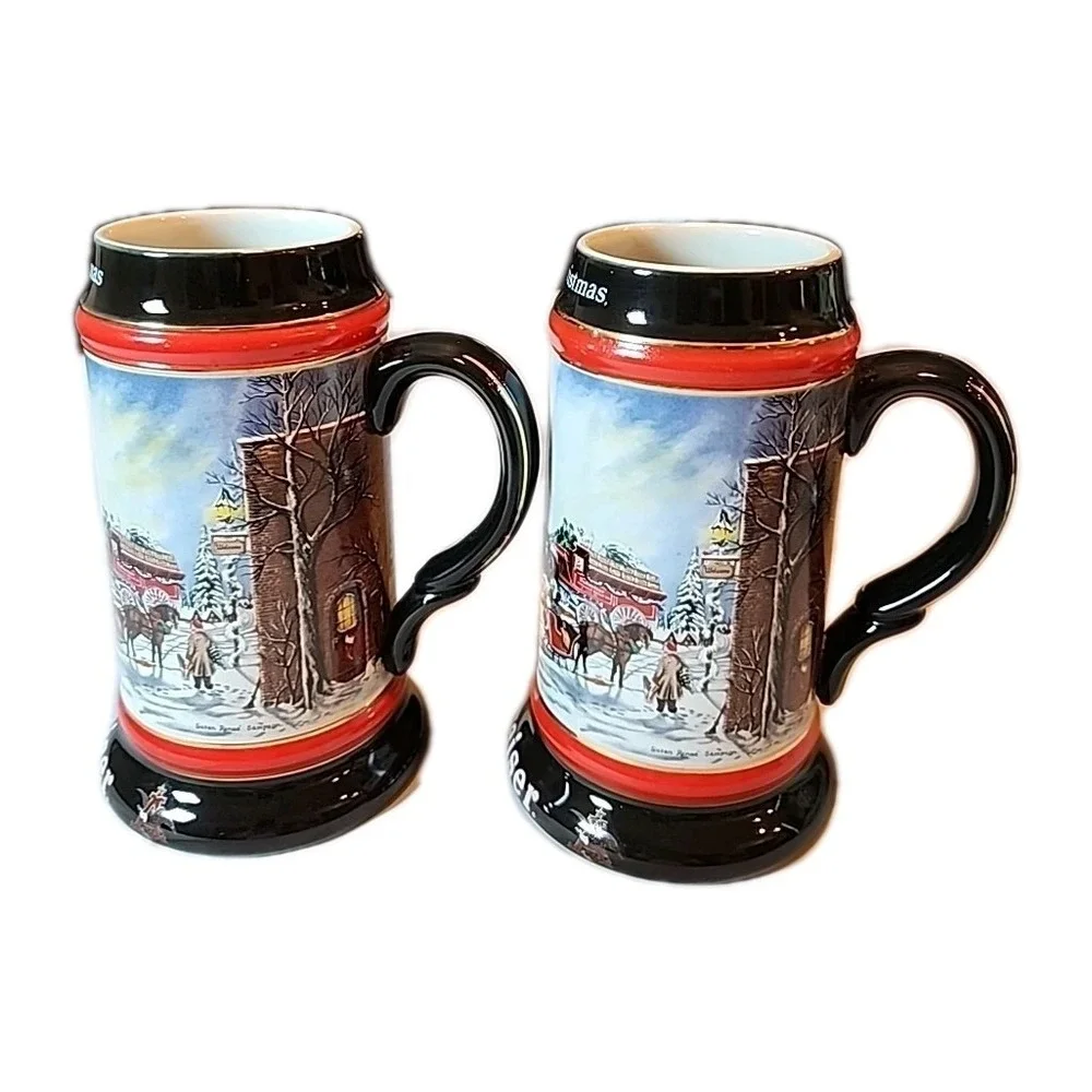 VTG 1992 Set Of 2 Budweiser Beer Christmas Steins Mugs Clydesdale Retro Art Gift